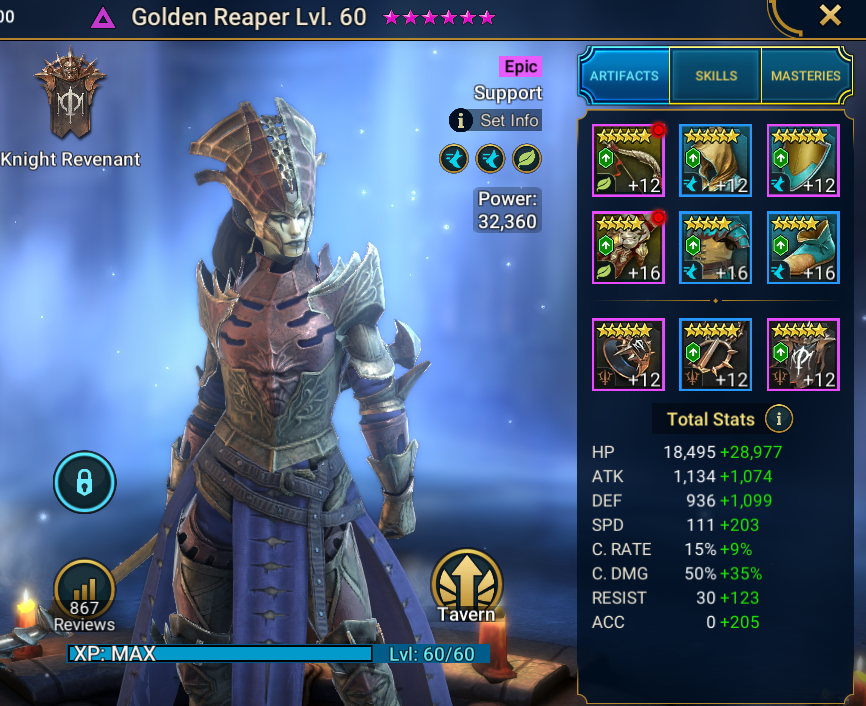 Golden Reaper gear and stats