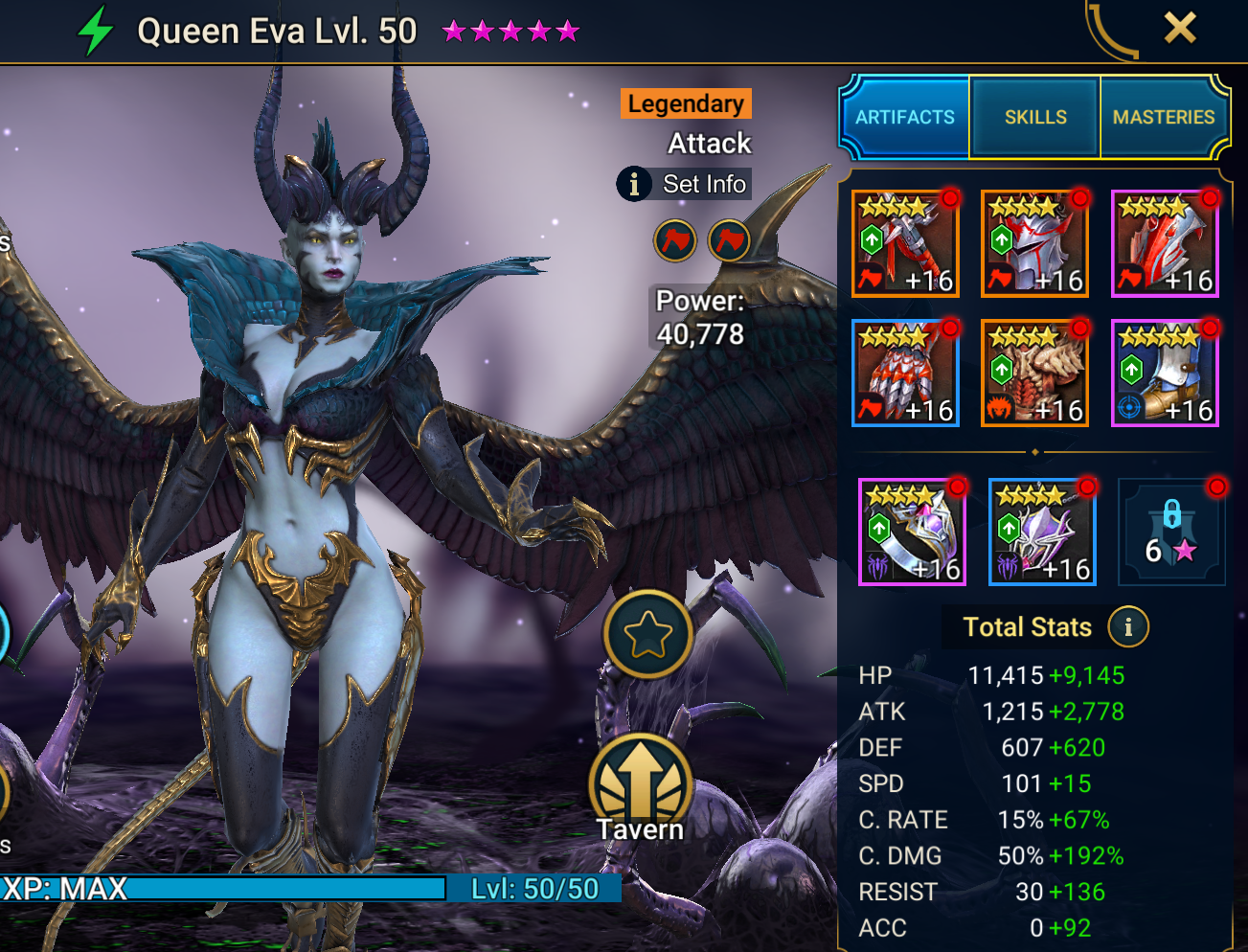 Queen Eva gear and stats build